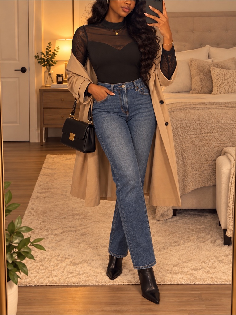 Black Mock Neck Long-Sleeve Women's Top